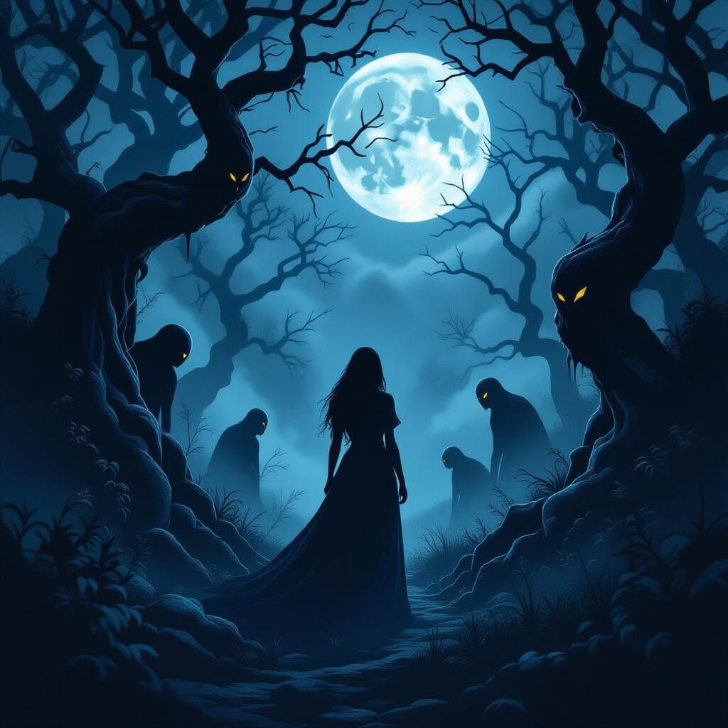 Mystical Creatures in Moonlight: Eerie Atmospheric Scene