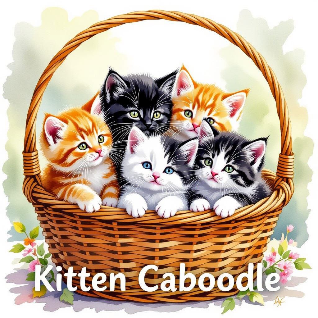 Five Adorable Kittens in Wicker Basket, Watercolor Style