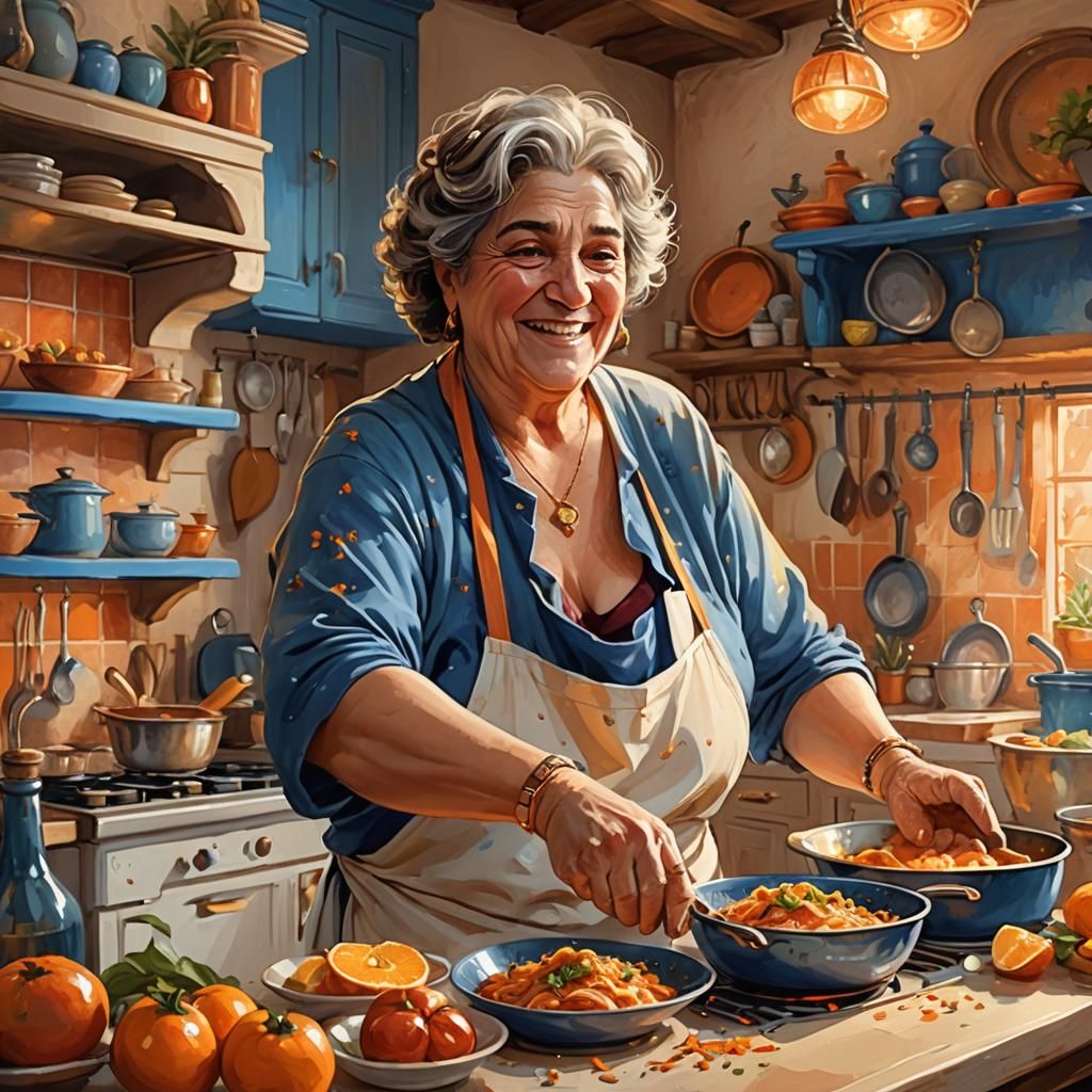 Italian Woman Cooking in Bright Mediterranean Kitchen
