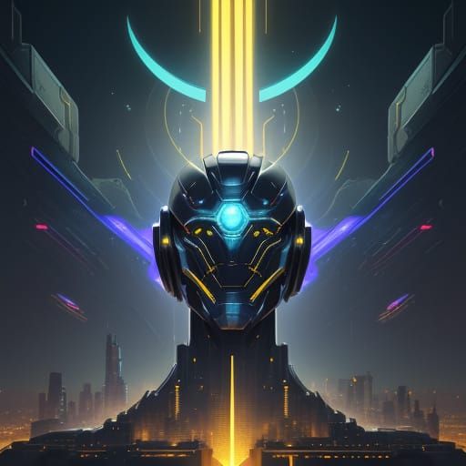 Vibrant Retrofuturistic Robot Soars Above City Skies at Nigh...