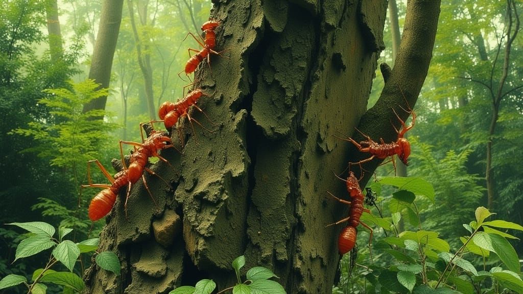 Fire Ants Climb Tree in Dark Fantasy Style