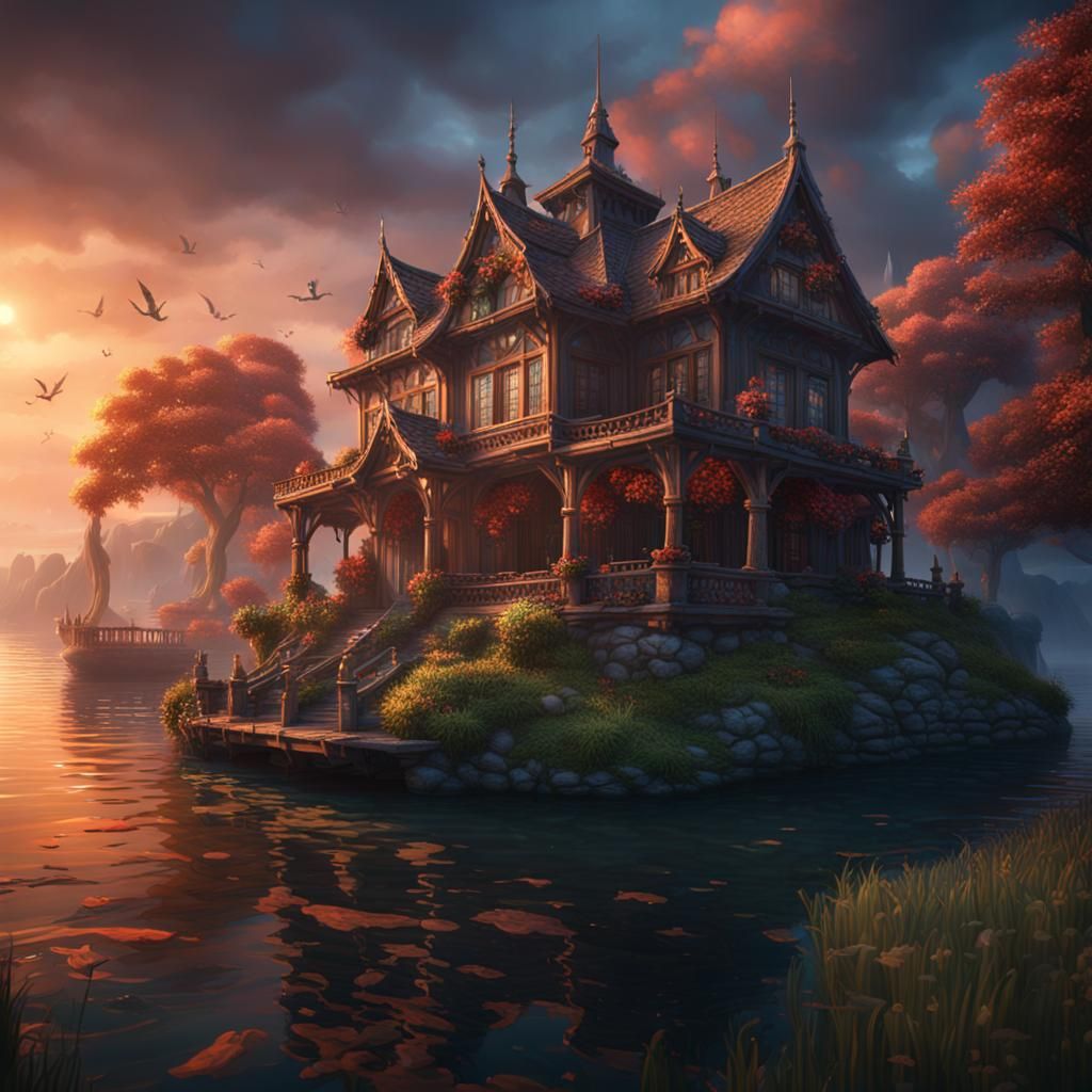 Fantastical Lake House: Detailed Matte Painting