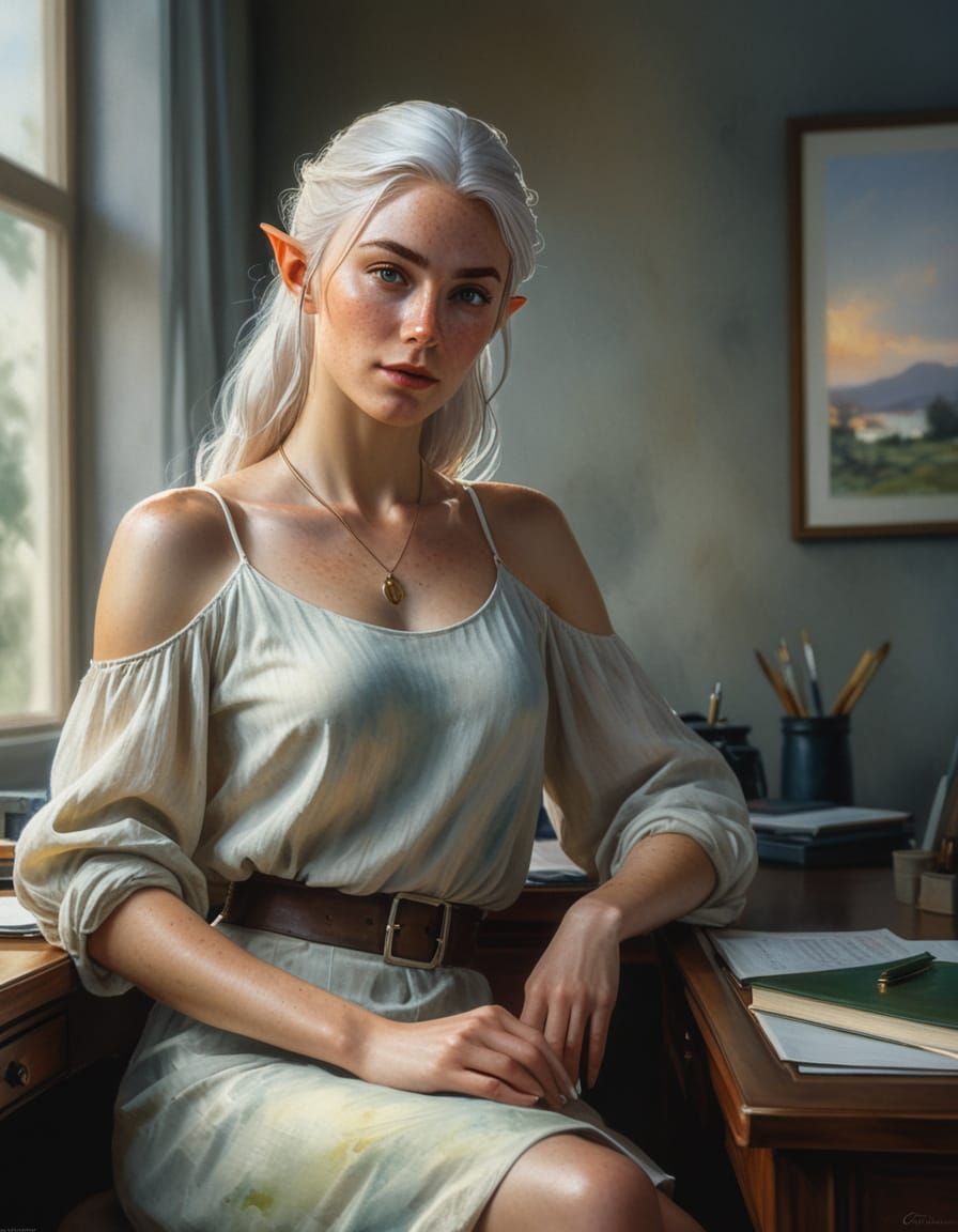 Elf Woman at Desk, Impressionist Watercolor with Expressive ...