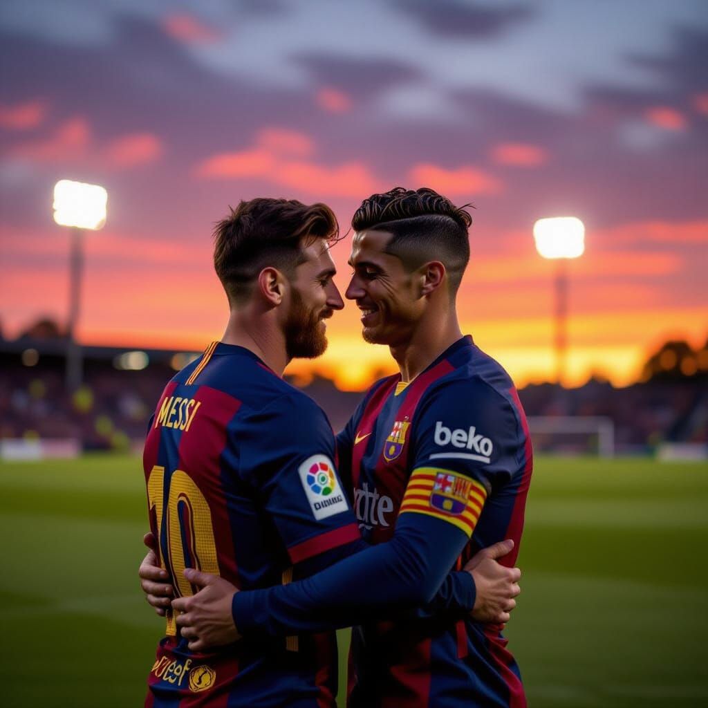 Messi and Ronaldo Embrace at Twilight