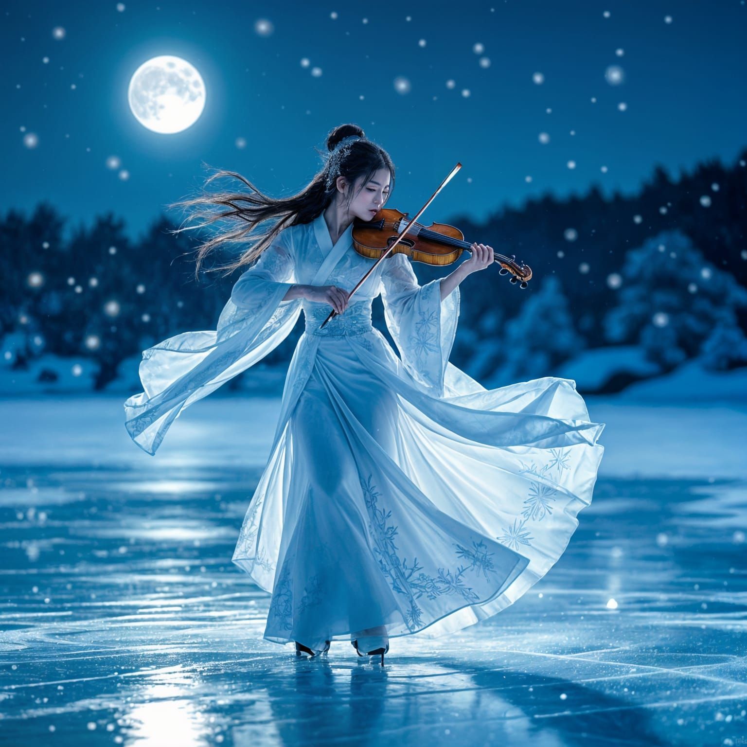 Ethereal Japanese Ice Skater Plays Glass Violin Under Moonli...