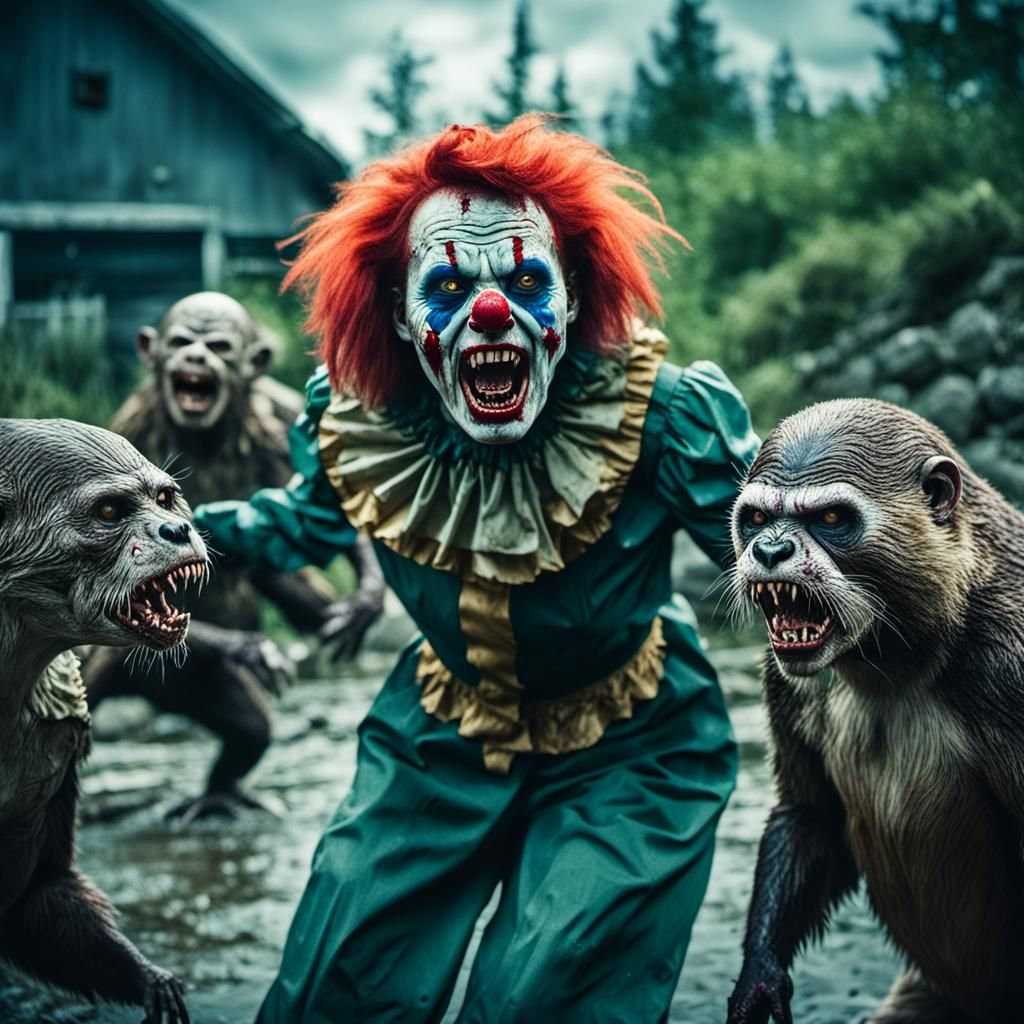 Zombie Clown Woman Attacked by Zombie Otters