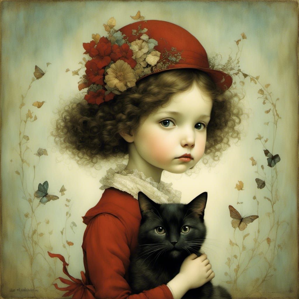Whimsical Girl with Curious Cat in a Dreamlike Landscape