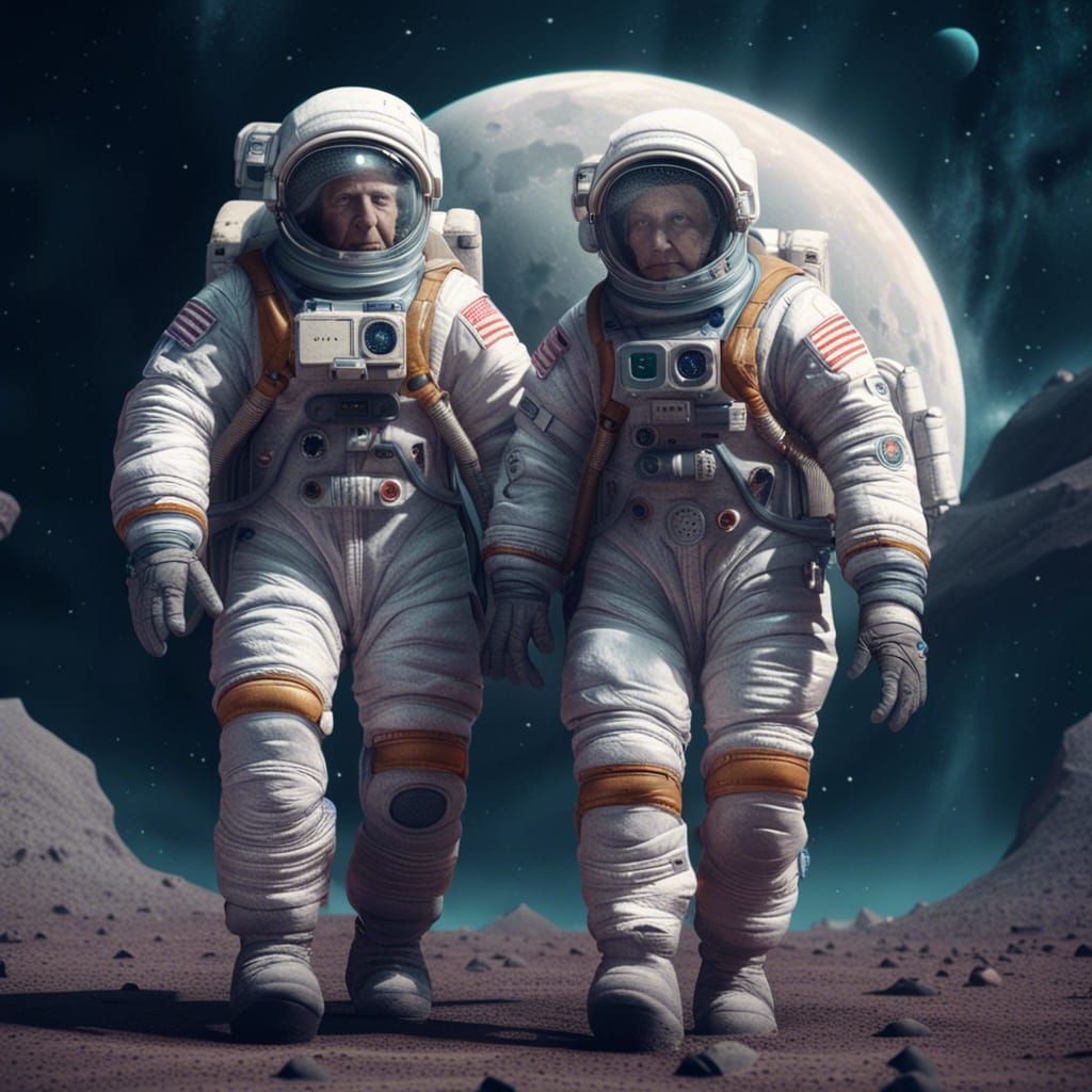 Elderly Couple Walking on the Moon in Spacesuits