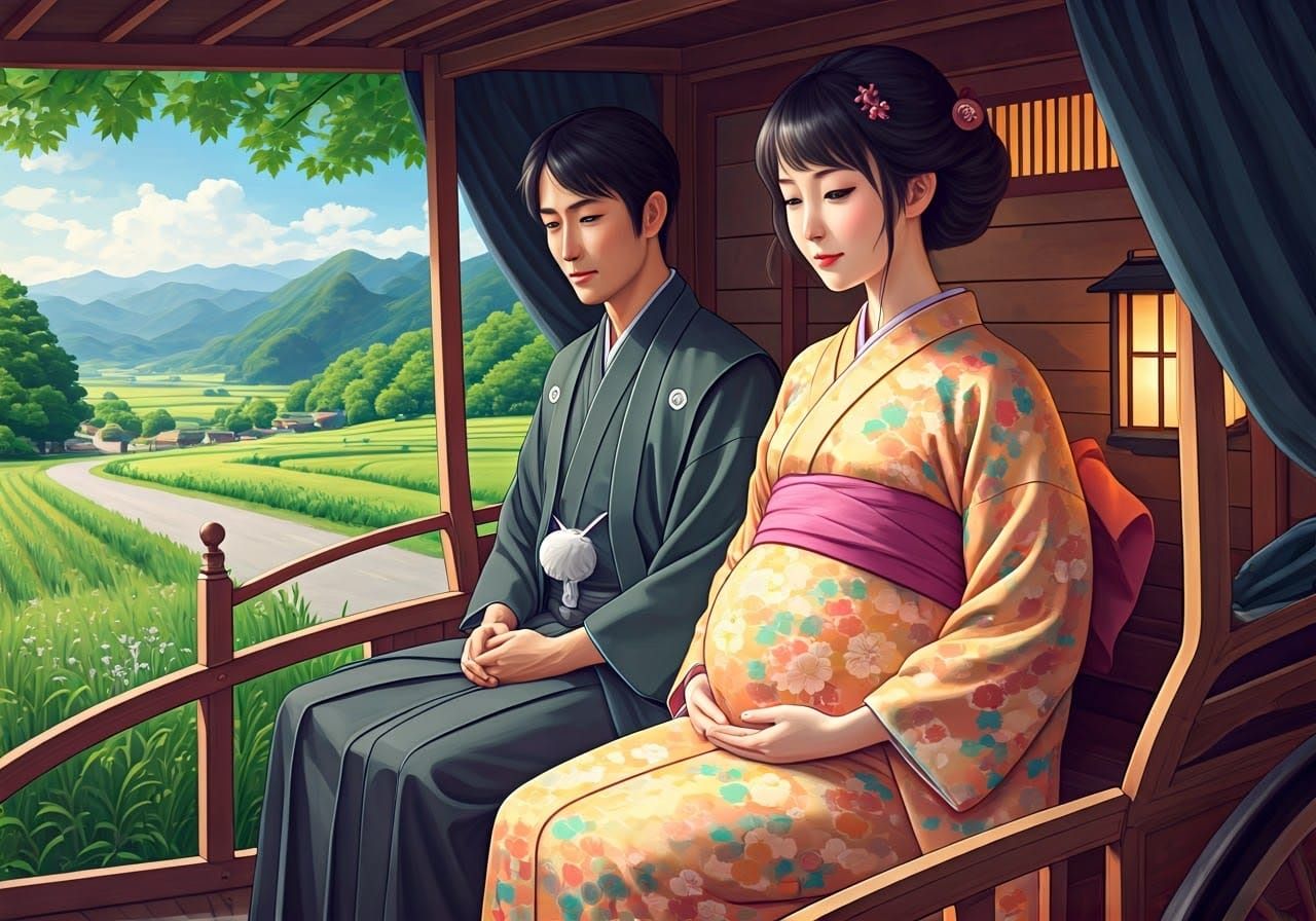 Japanese Couple in Whimsical Carriage Ride