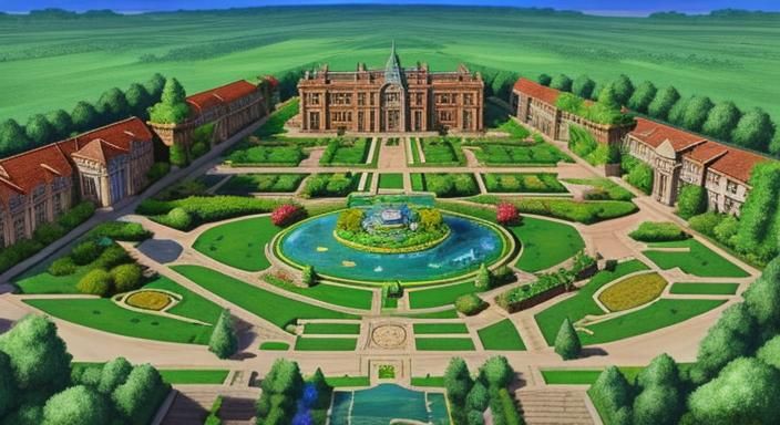 Overhead Map of Flowering Garden with Mansion