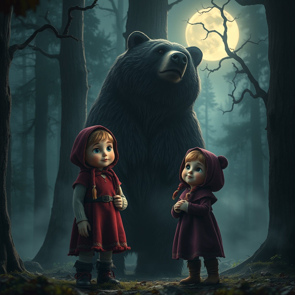 Masha and the Bear in a Misty Forest
