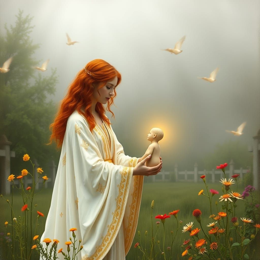 Ethereal Goddess Crafts Man in Dreamlike Garden