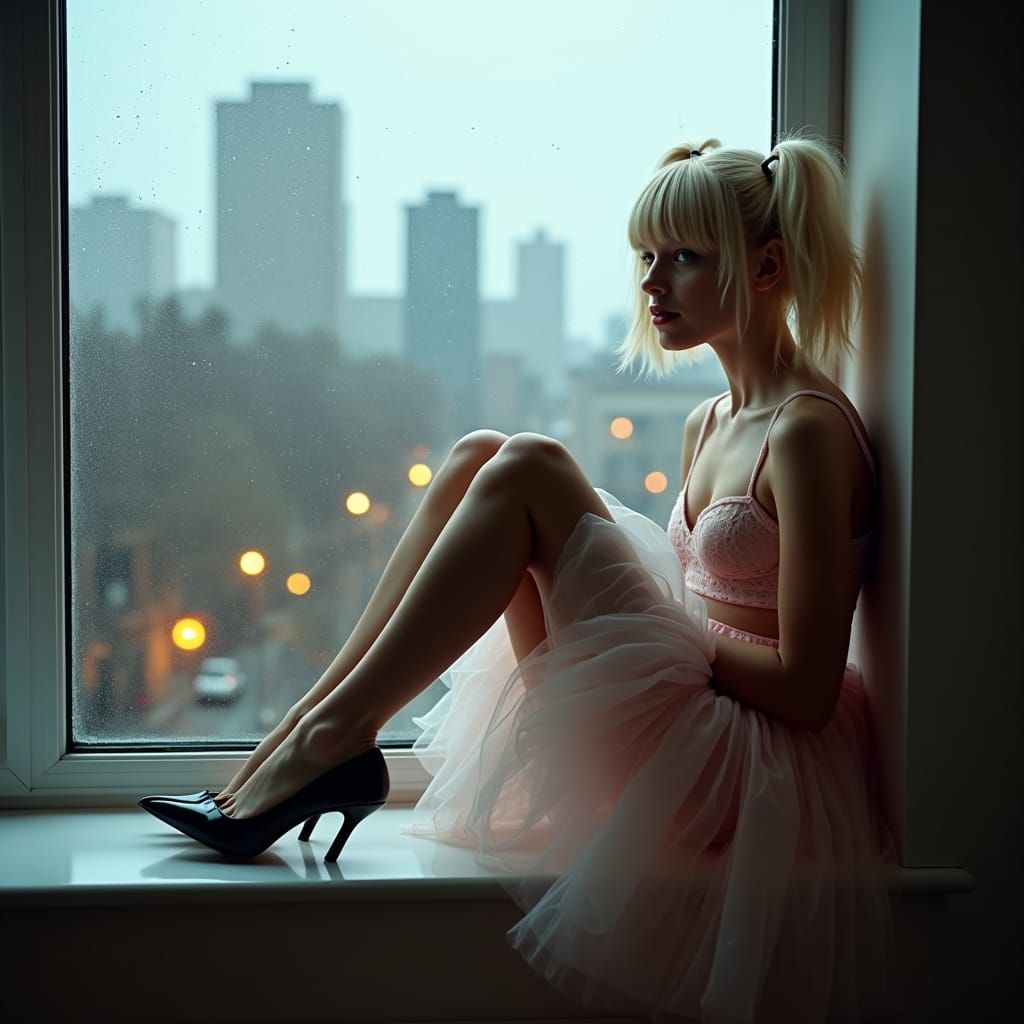 Teenage Boy Crossdressing in Girly Dress, Rainy Cityscape