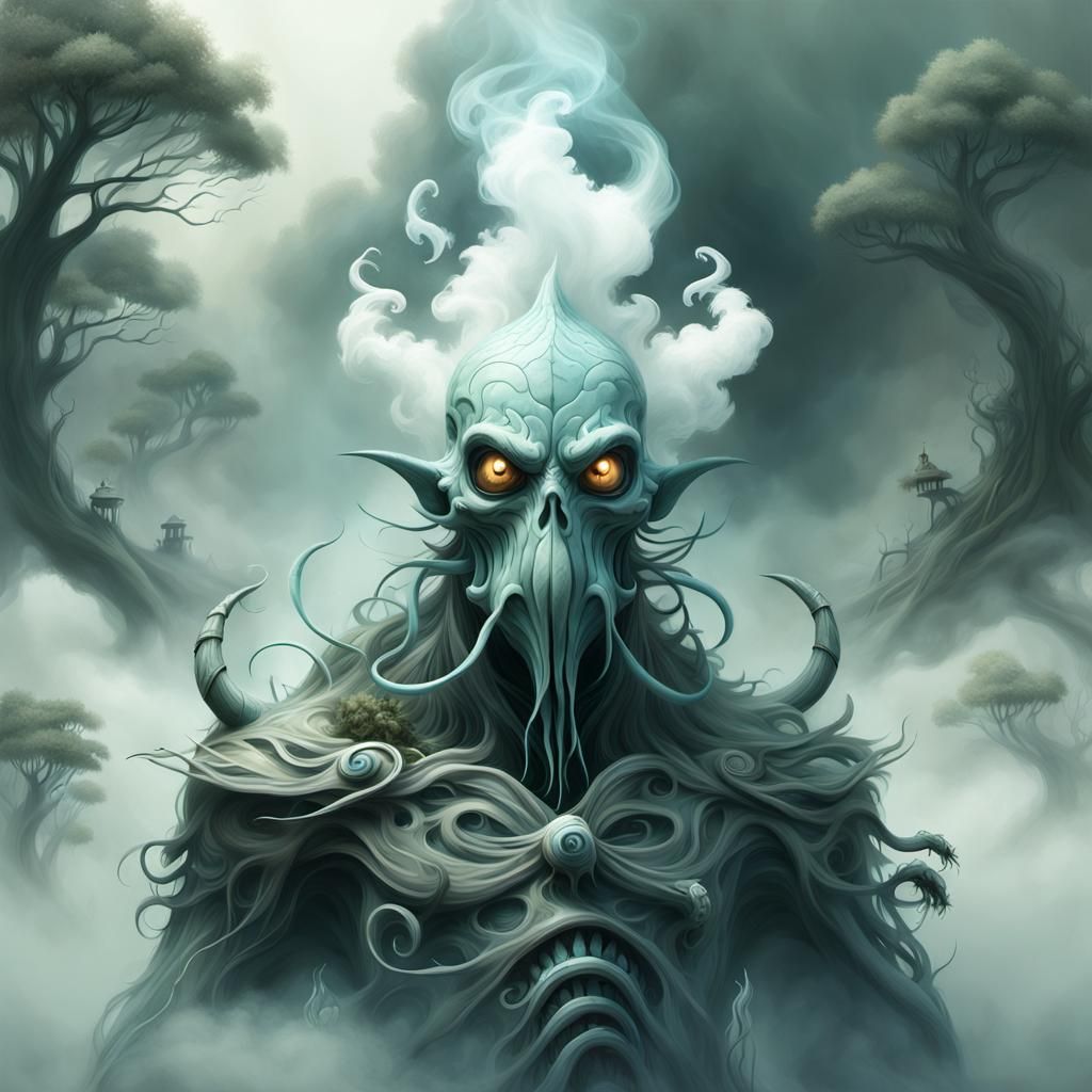 Translucent Smoke Monster in Surreal Swamp Setting