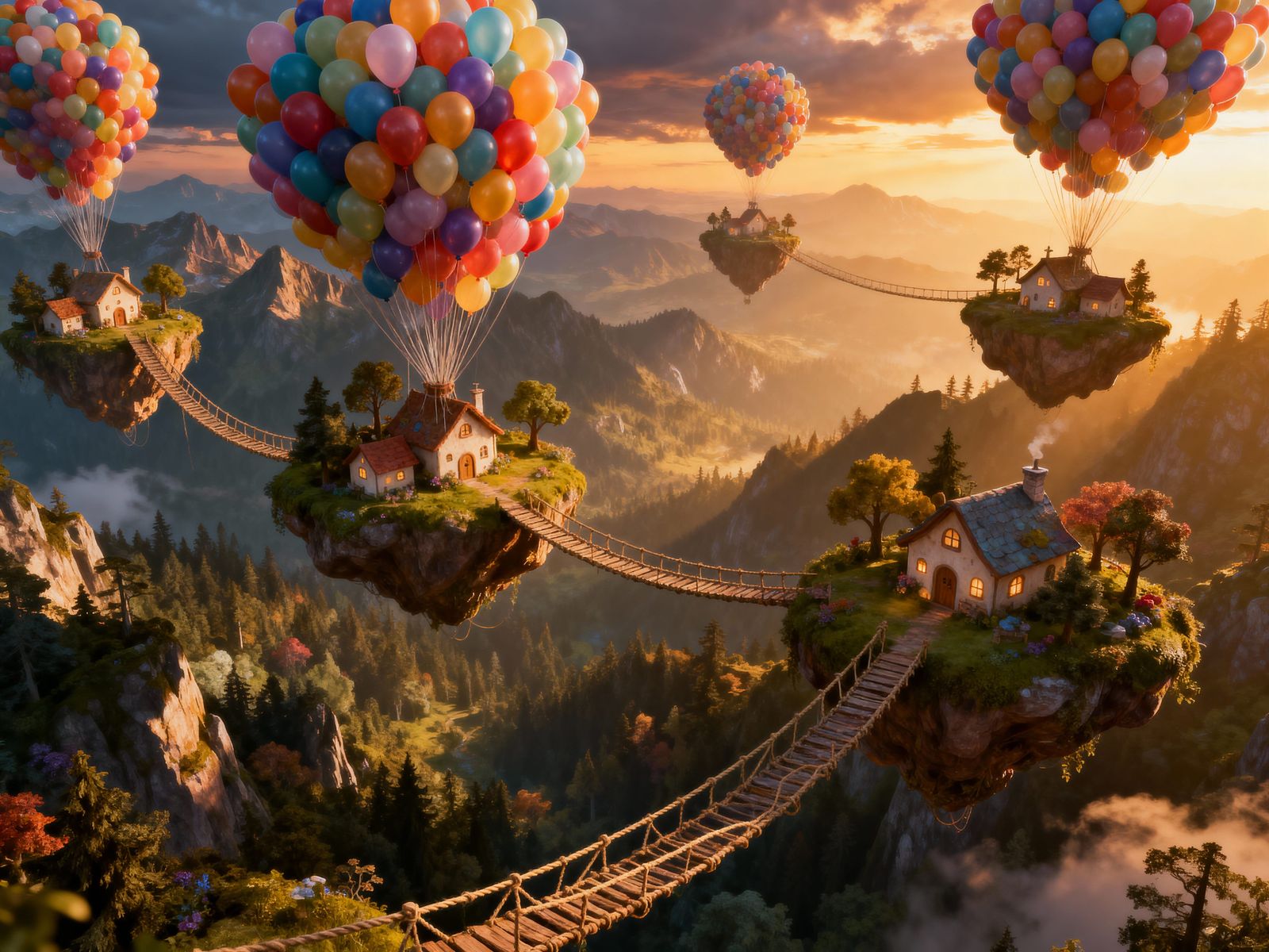 Floating Islands with Houses and Balloons in Fairytale Style