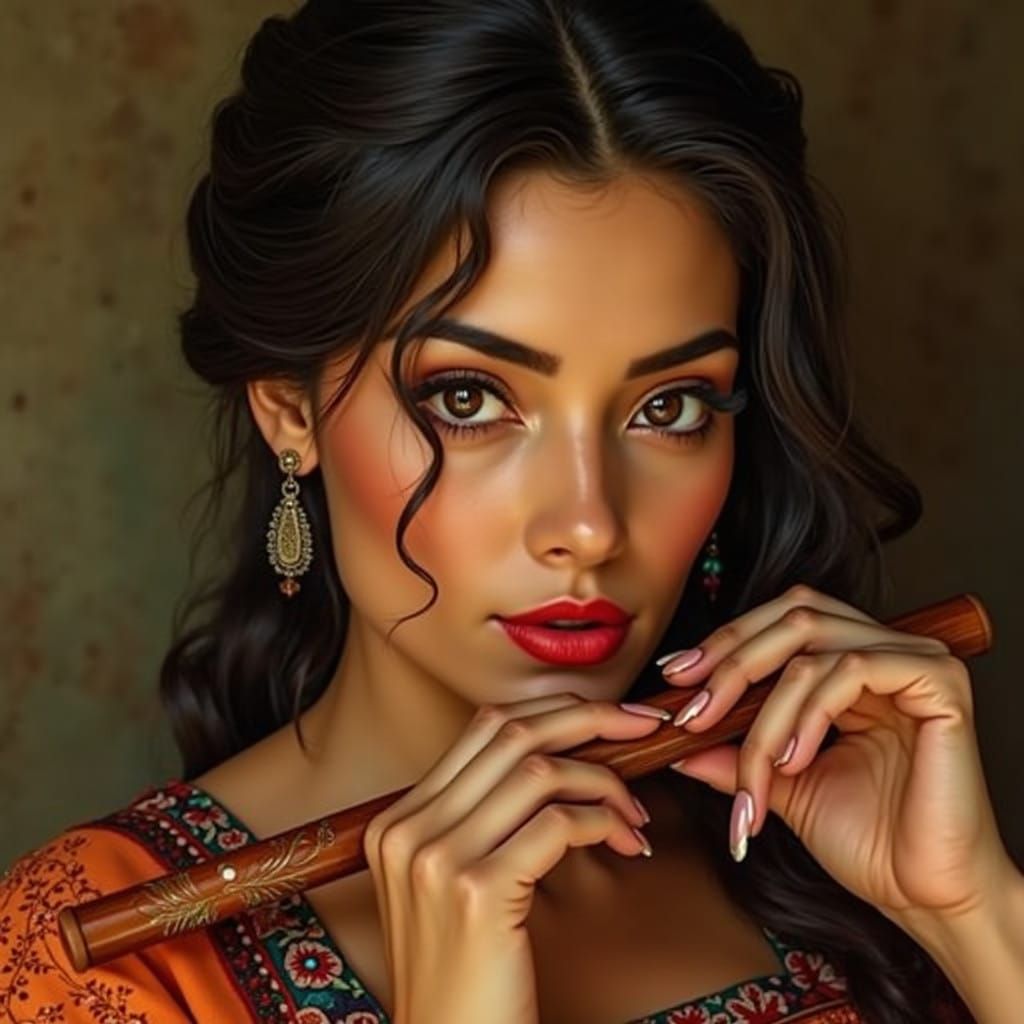 Vibrant Latin Woman Plays Flute in Warm Golden Light