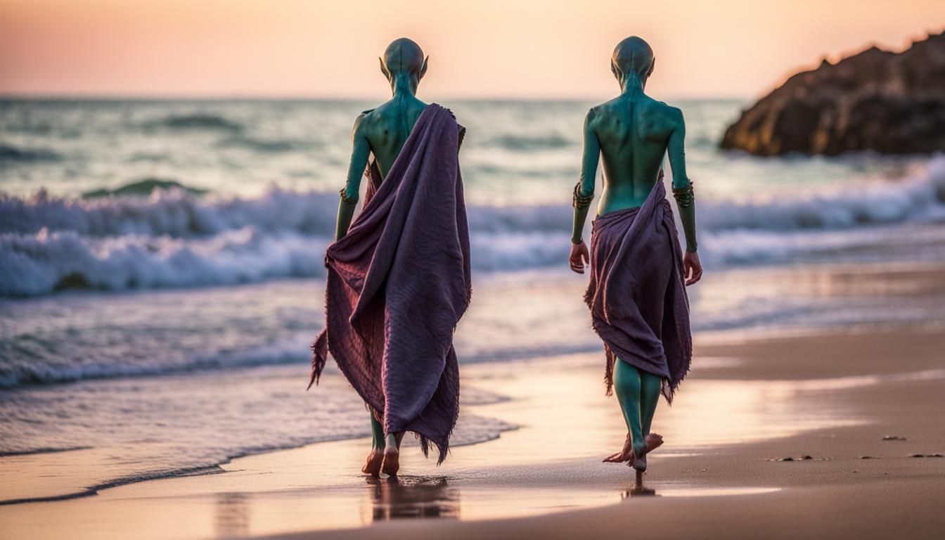 Alien Women on Exoplanet Beach with Dual Suns