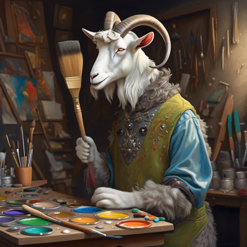 Humorous Anthro Goat Artist in Fantasy Studio