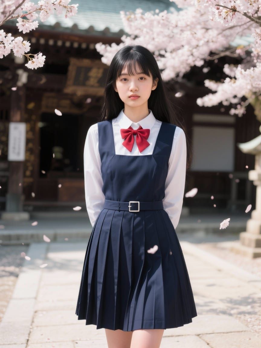 Kaori in Shrine Courtyard with Cherry Blossoms