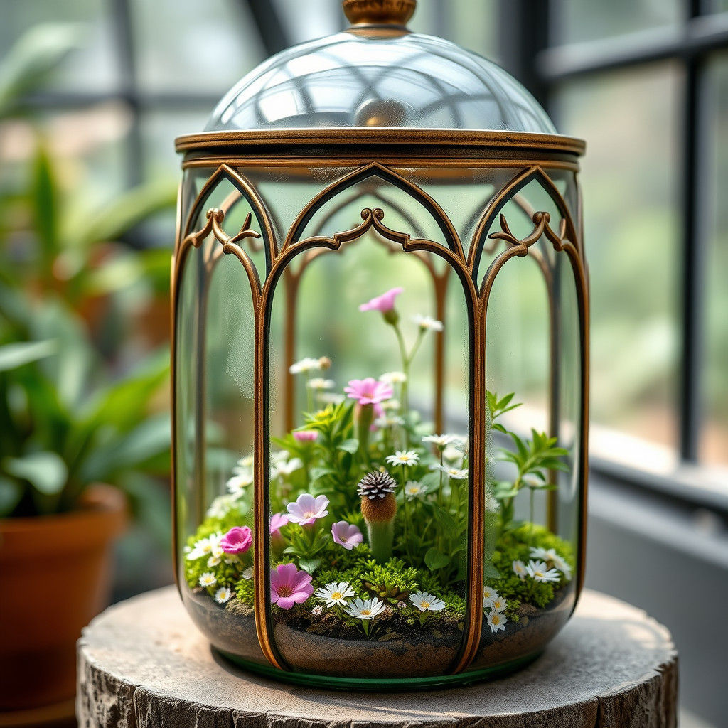 Victorian Terrarium with Lush Greenery, Fine Art Photography