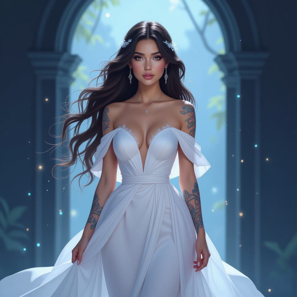 Ethereal Woman with Bioluminescent Tattoos in Watercolor Sty...