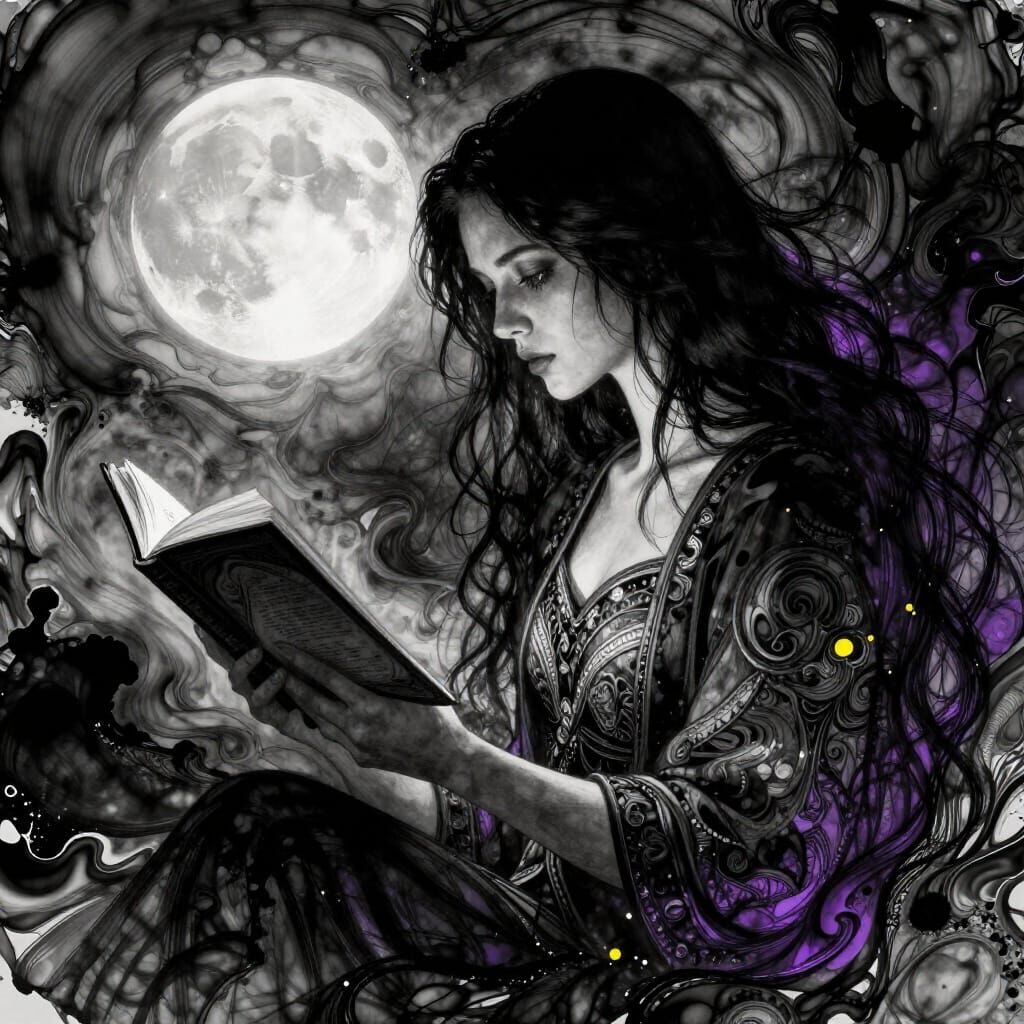 Dark Haired Woman Reading in Moonlight, Alcohol Ink Style