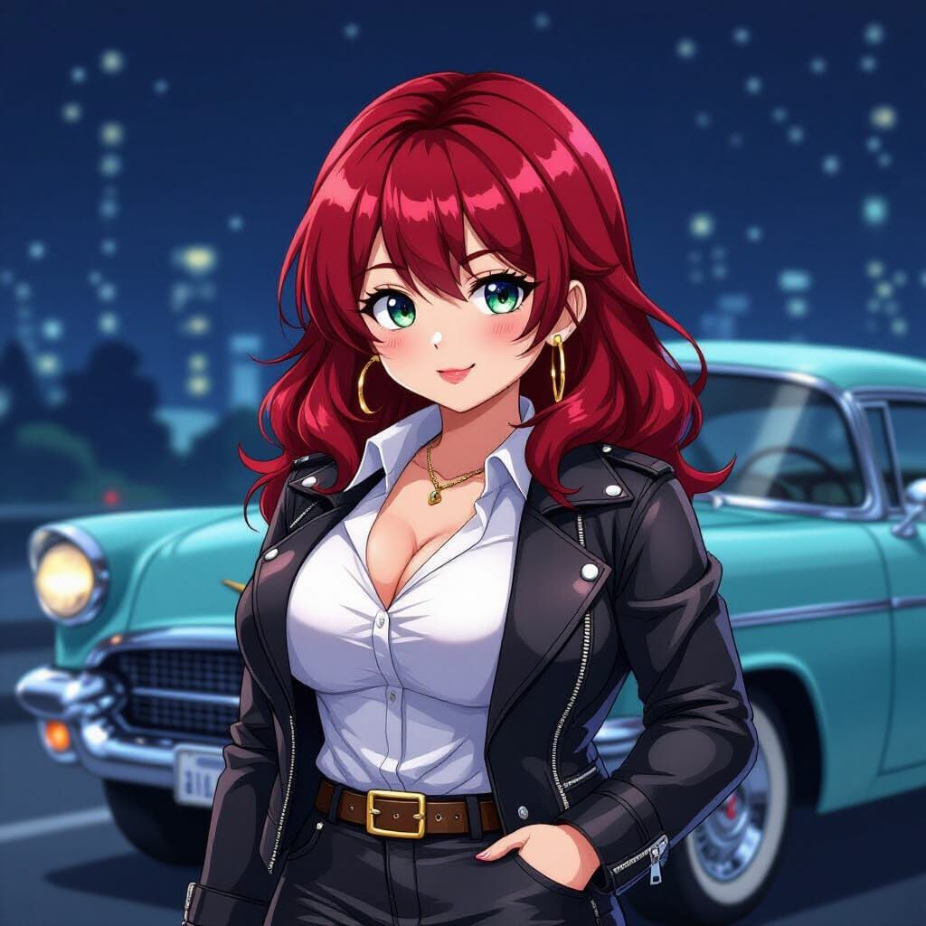 Anime Woman in Leather Jacket with Classic Car