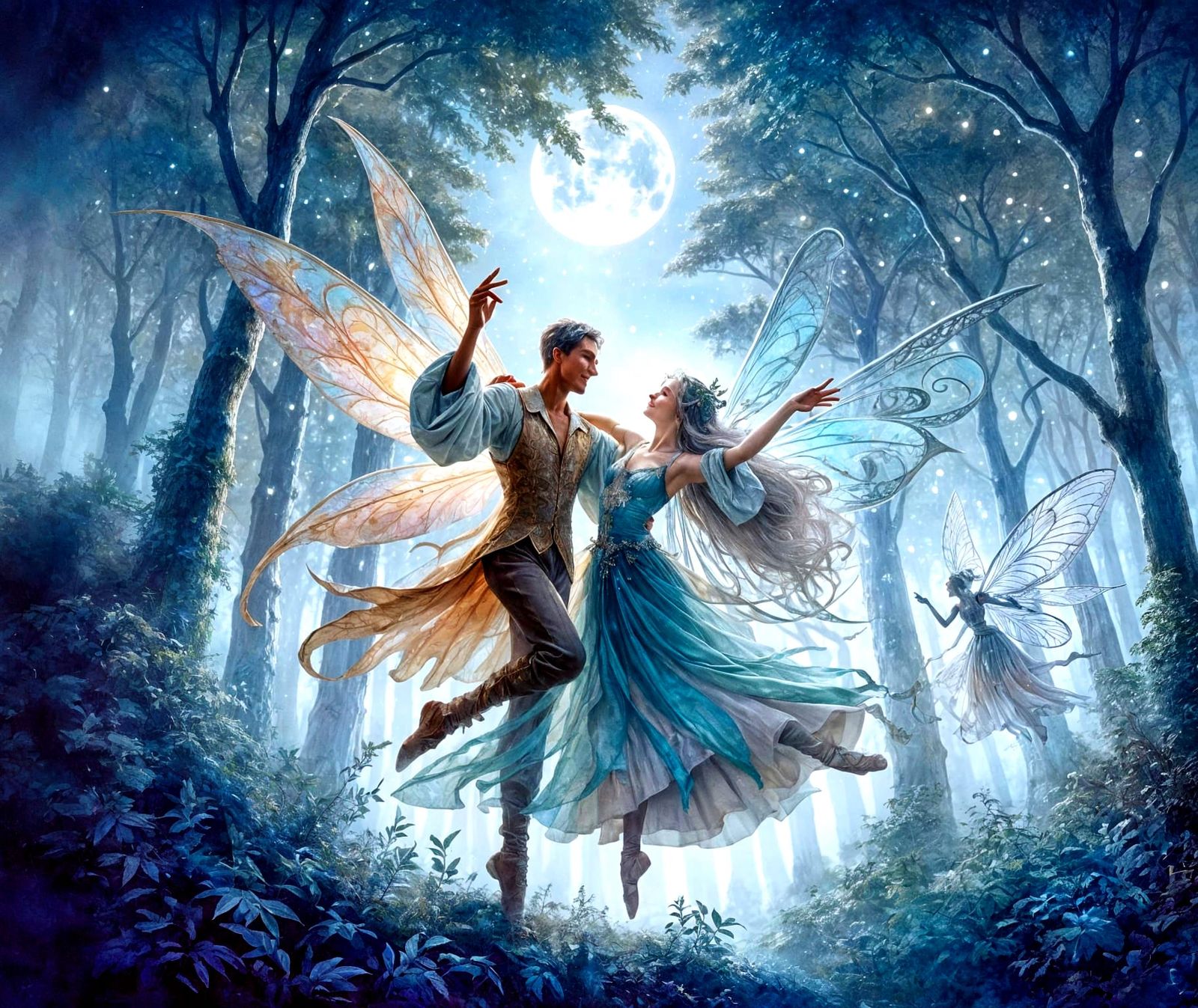 🧚🏻‍♀️🌳✨🩰🎼🌝Fantasy Fairy couple dancing joyously in the...