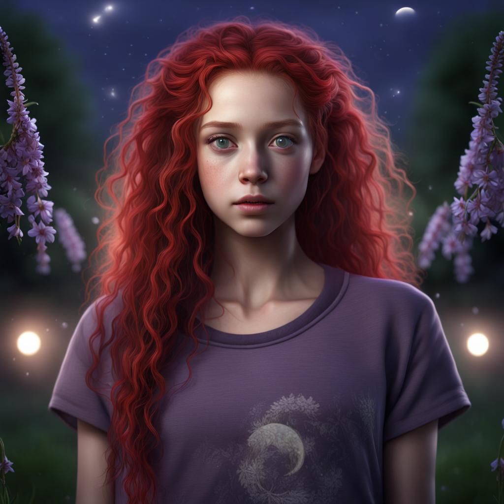 Red-Haired Girl with Fireflies: Hyperrealistic CGI Illustrat...