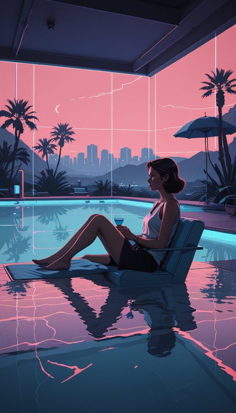 Woman Relaxing on Retro-Style Pool Float Under Synthwave Neo...