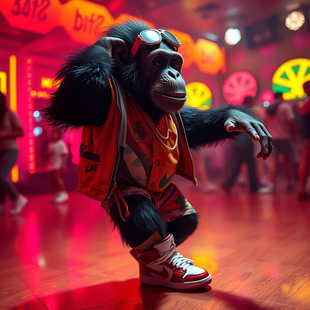 Funky Chimpanzee Dancing in Disco, 70s Style
