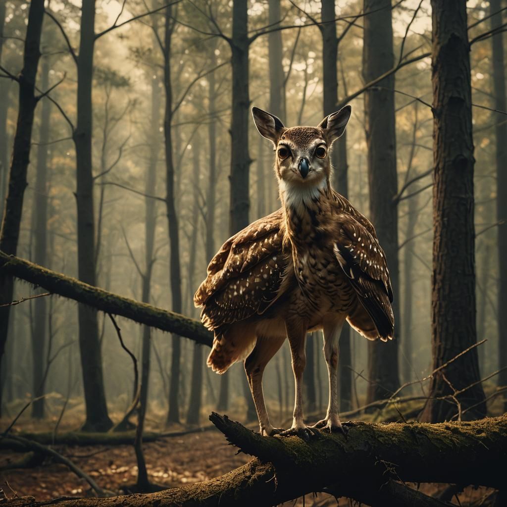 Fawn and Owl in Forest: A Cinematic Film Still