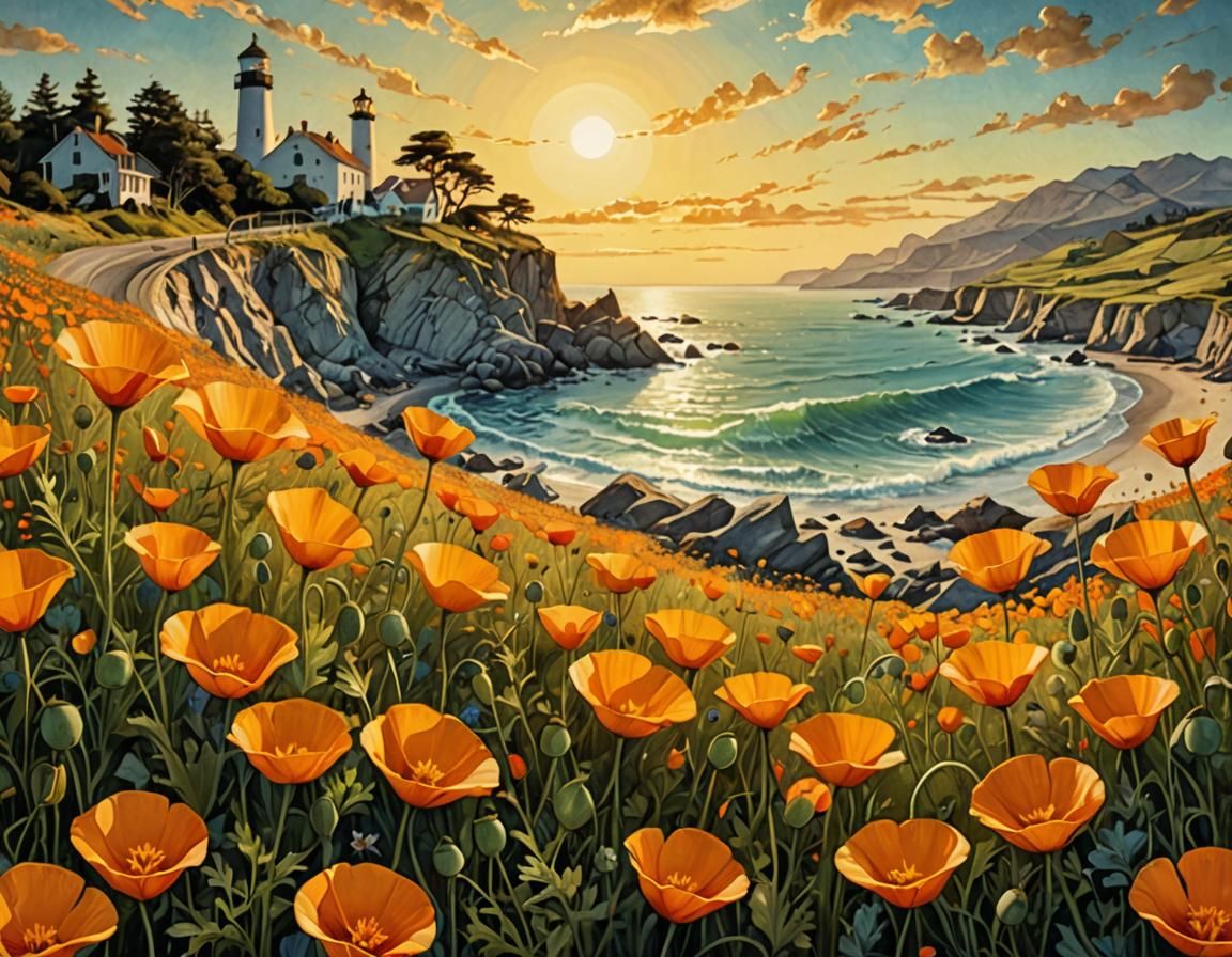 Surreal Seaside Poppies: A Watercolor Dreamscape