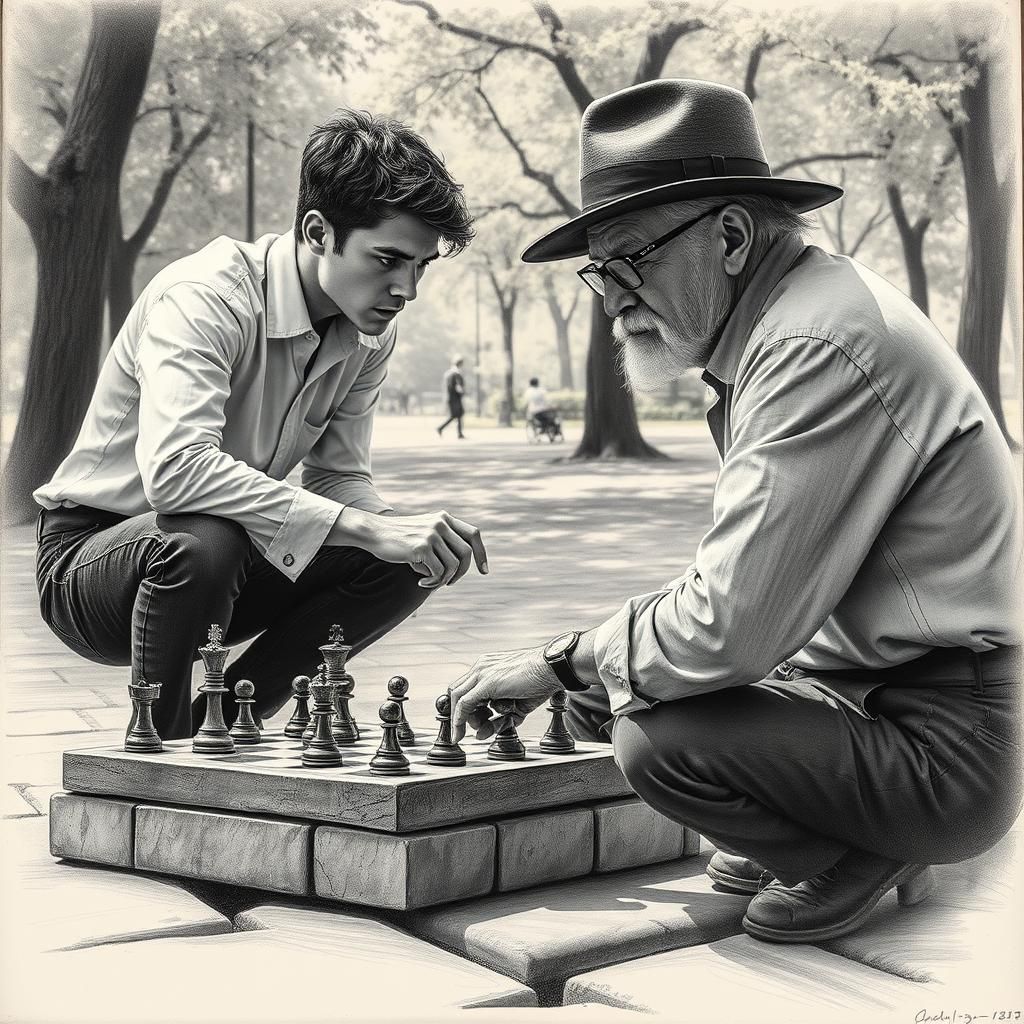 Intense Chess Game in Charcoal Drawing Style