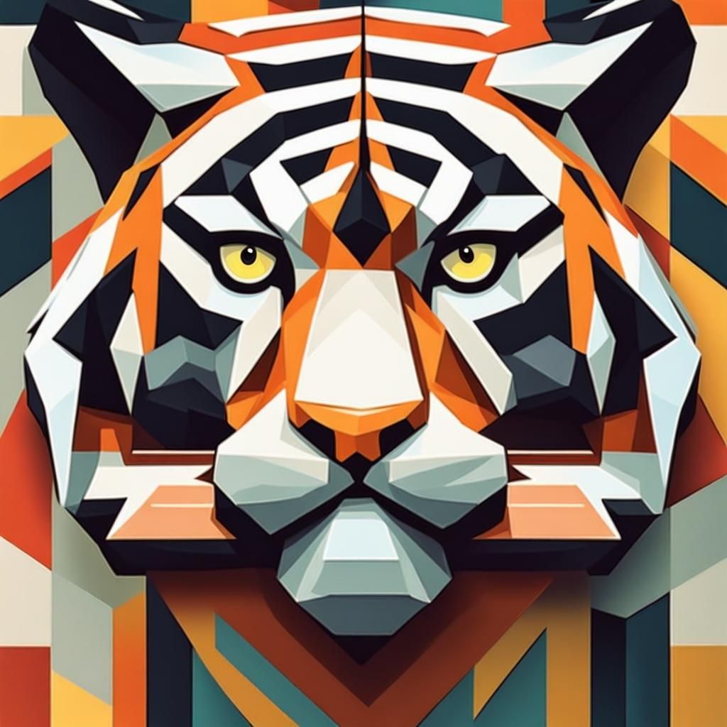 Cubist Tiger Head with Staring Eyes