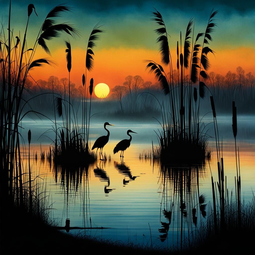 Cranes on Lake Shore in Graphic Novel Style