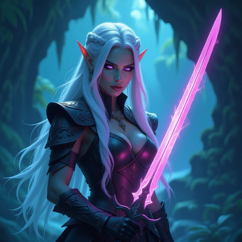 Dark Elf Warrior in Bioluminescent Grotto