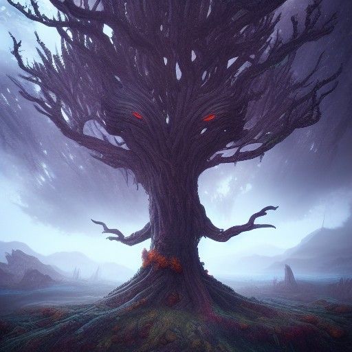 Tree with Eyes: Detailed Matte Painting in Deep Color