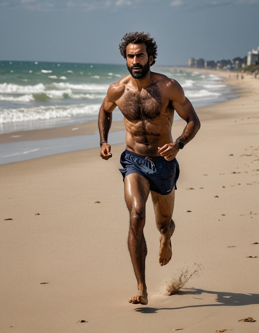 Realistic Image of a Man Jogging on Beach
