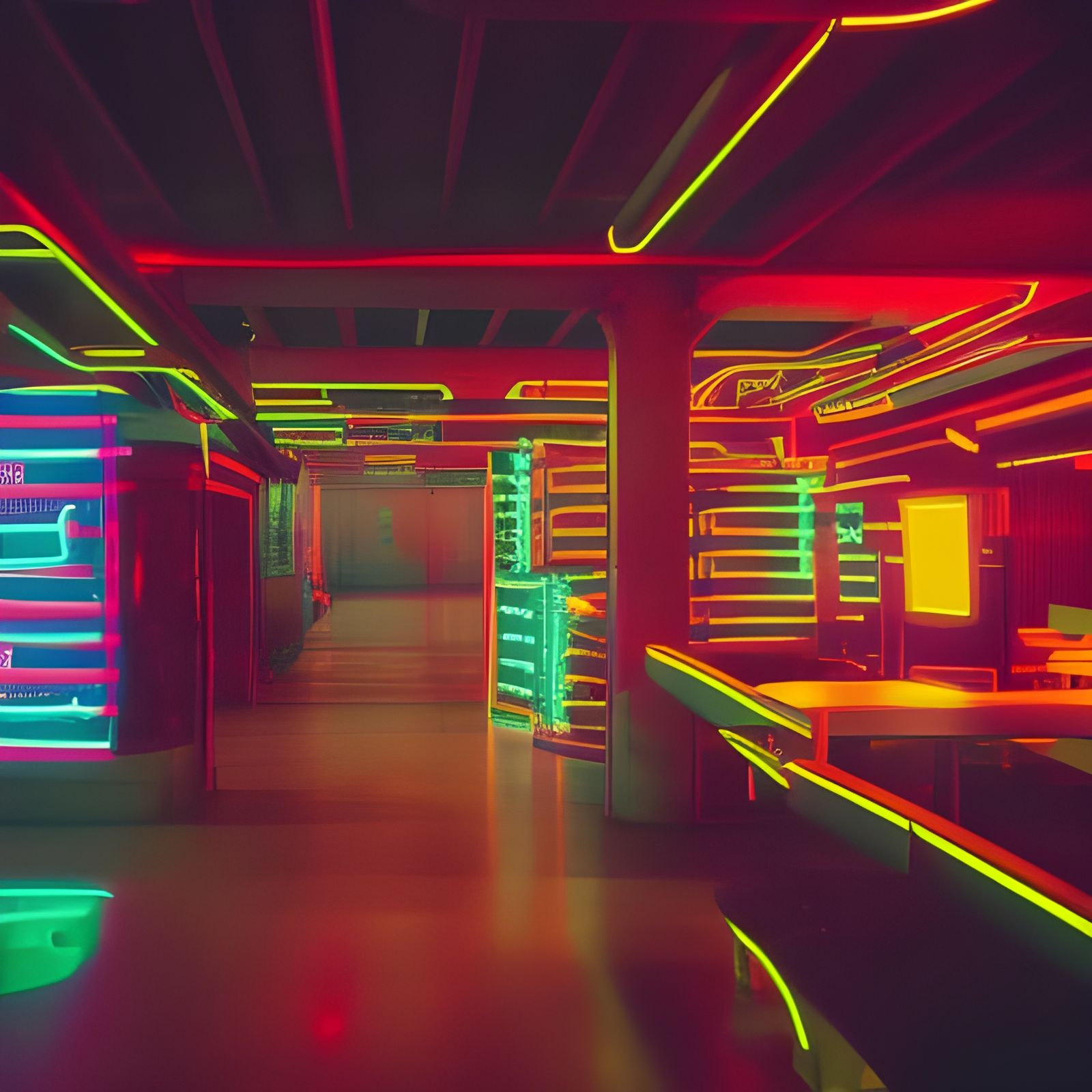 Dystopian 1980s Interior with Neon Lighting