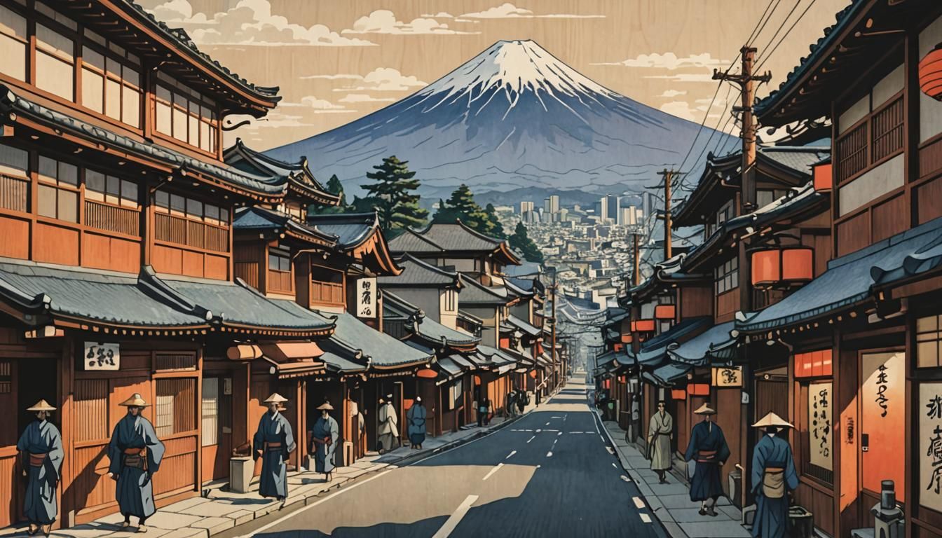 Mount Fuji and Bustling Street in Ukiyo-e Style