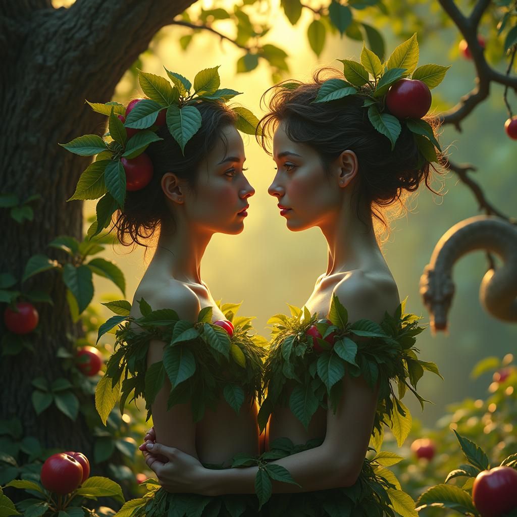 Androgynous Figures in Eden: Hyper-Realistic Rendering