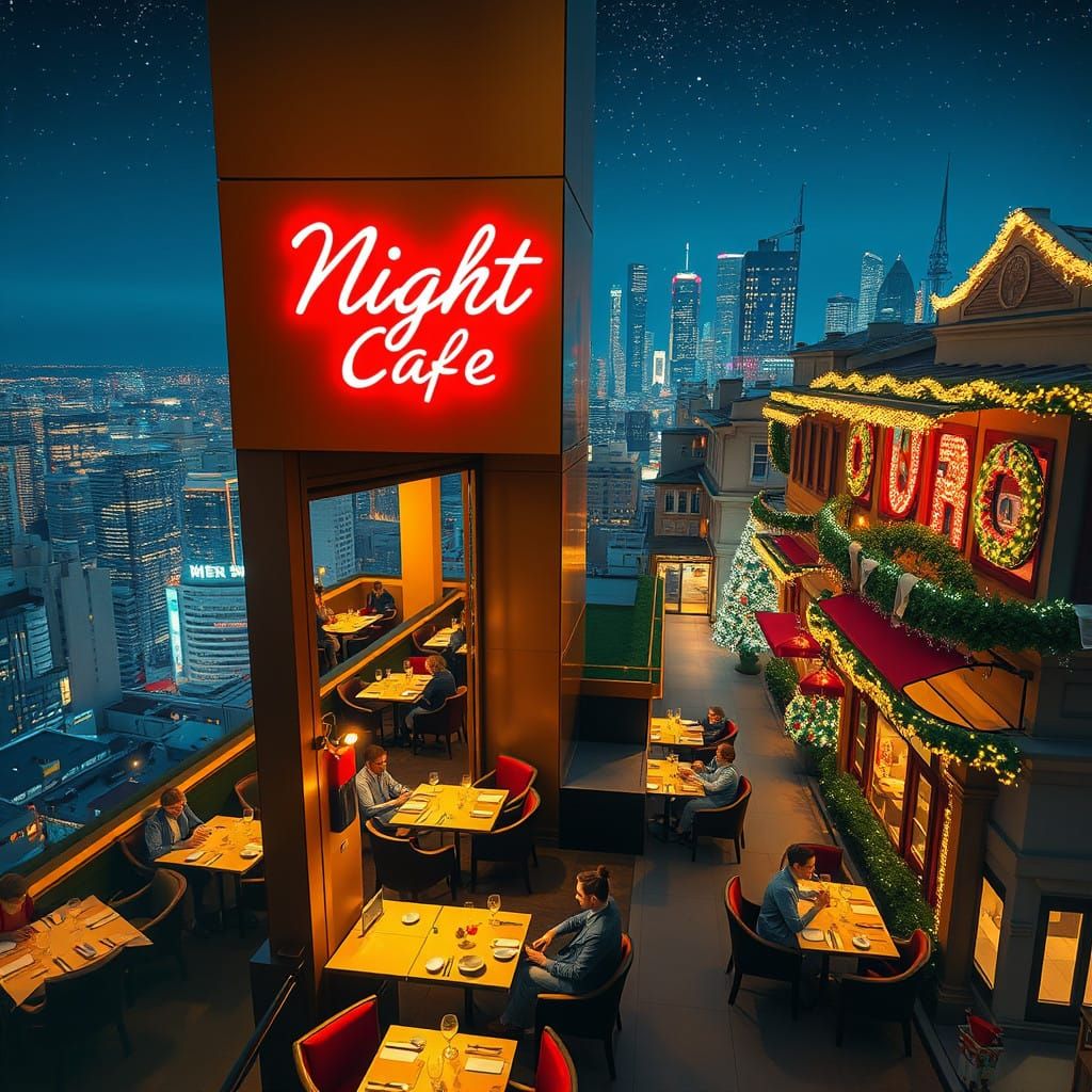 Upscale Nighttime City Cafe in Neon Glory