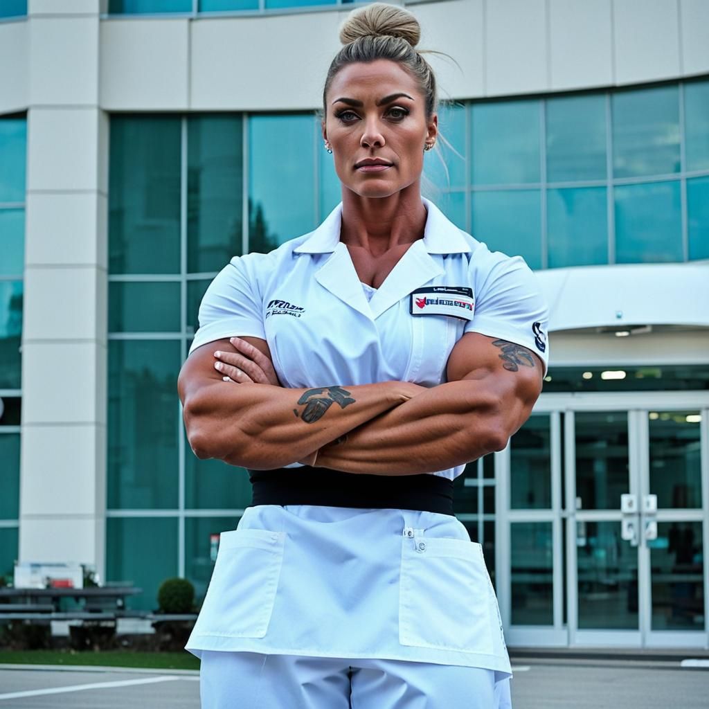 Muscular Nurse Portrait Outside Hospital in Photorealistic S...