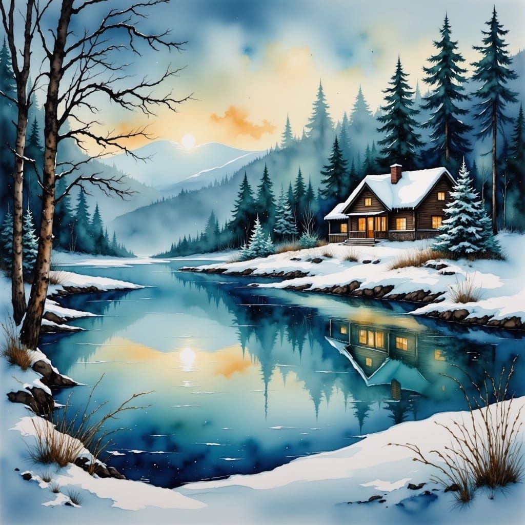 Surreal Winter Wonderland Lake Scene in Watercolor Style