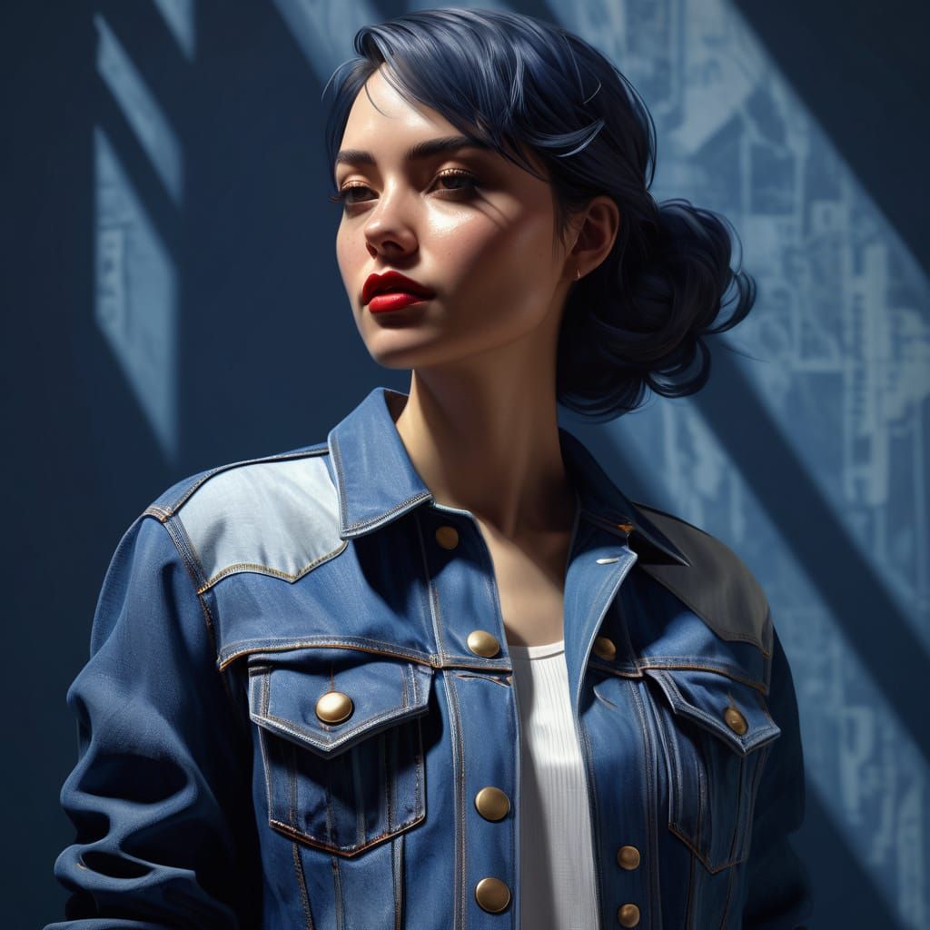 Woman in Denim Outfit: Digital Painting with Art Deco Style