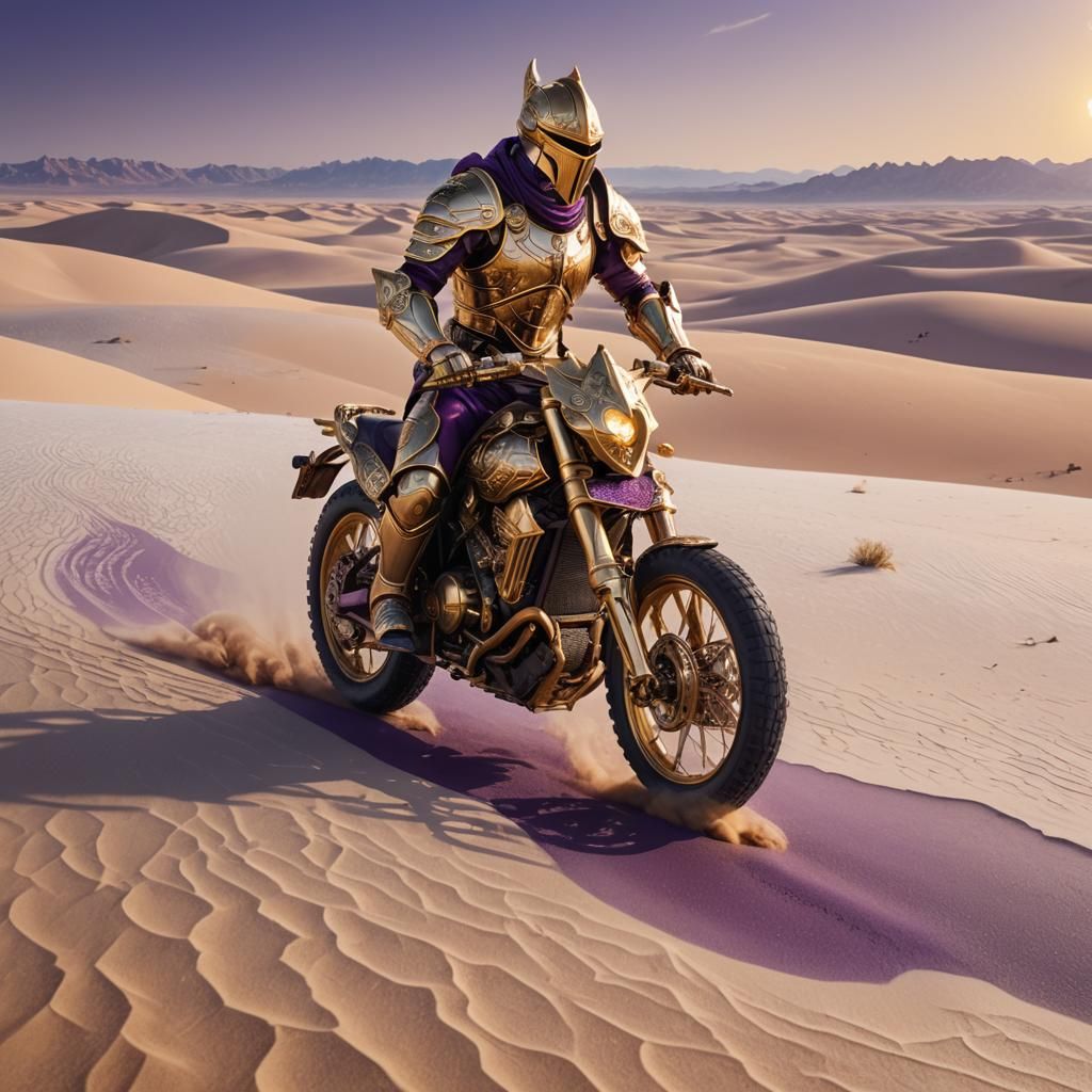 Golden Knight Rides Purple Bike Through White Desert