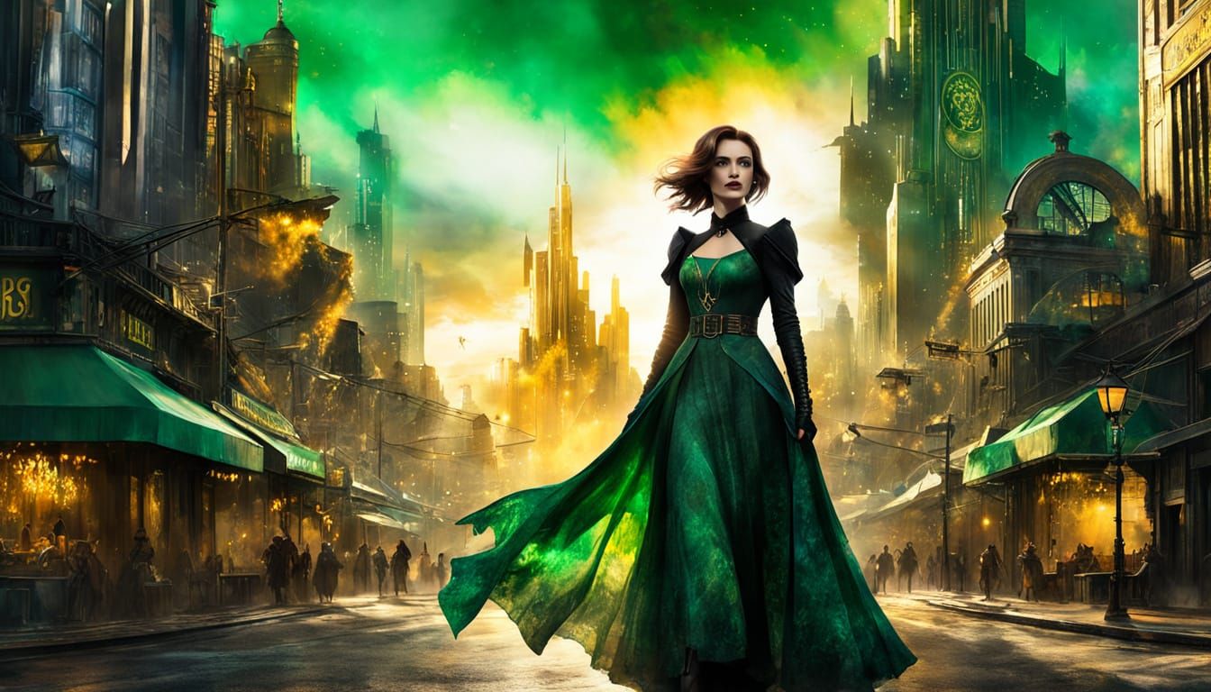 Cyberpunk Emerald Cityscape: Tattered Dorothy Walks Through ...