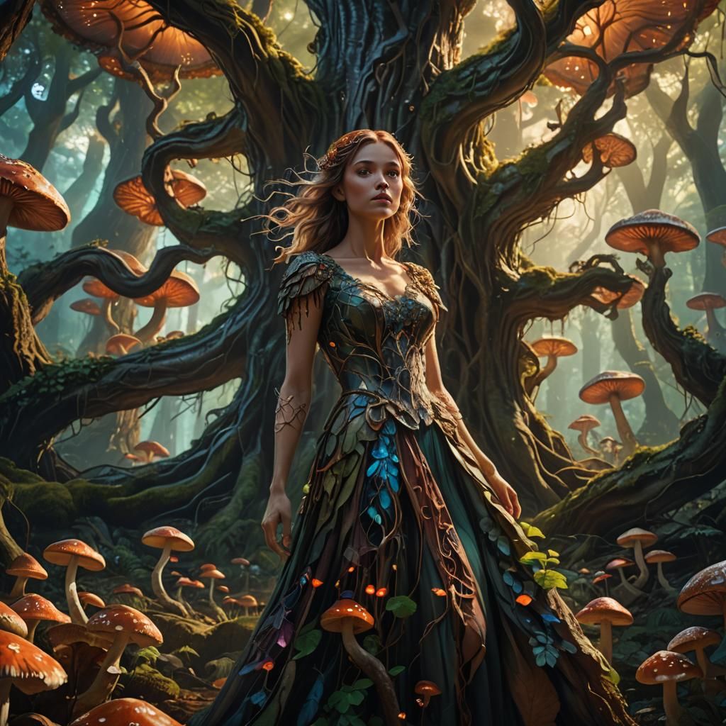 Ethereal Forest Goddess in Flowing Gown, Fantasy Concept Art