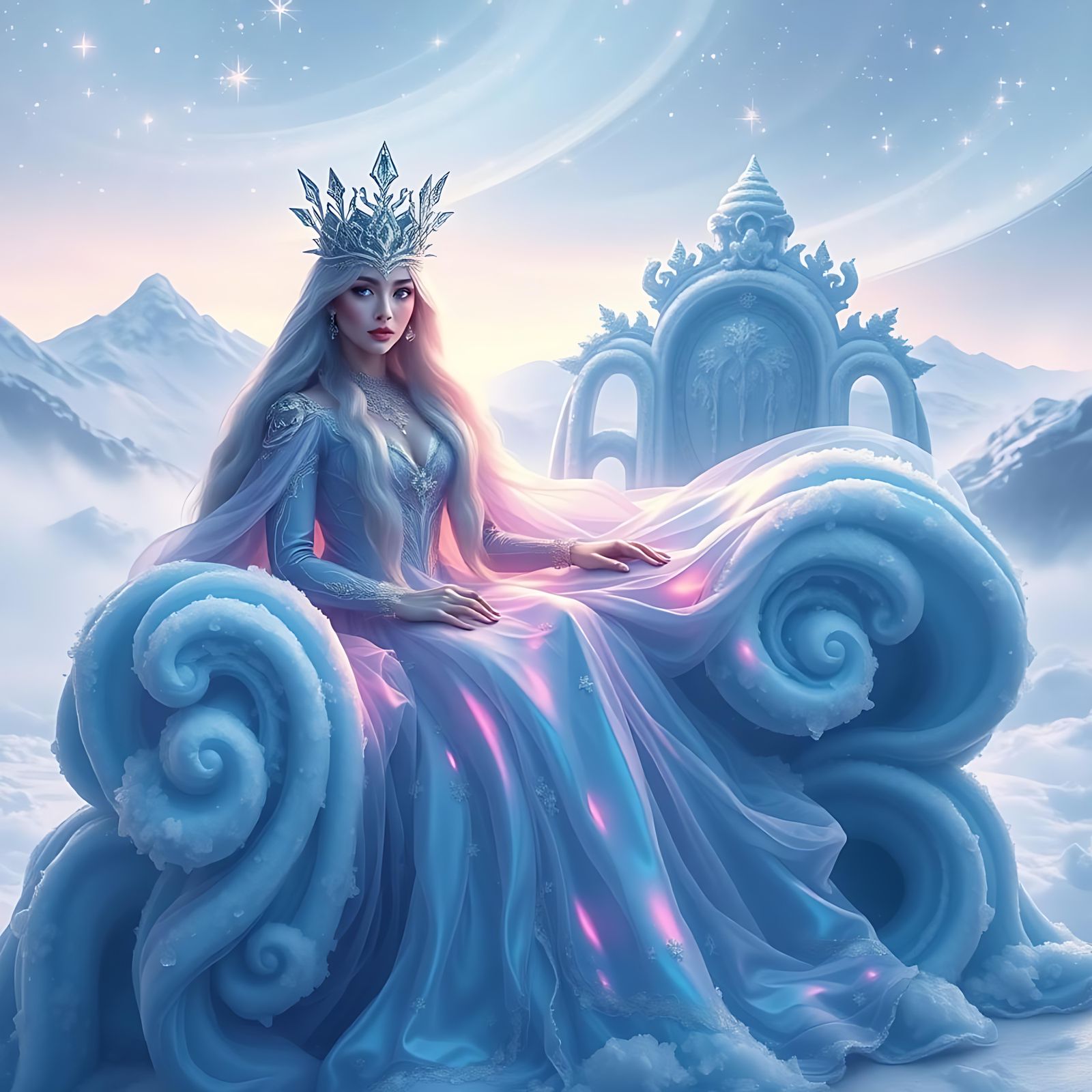 Ethereal Ice Queen on Frosted Throne: 3D Render